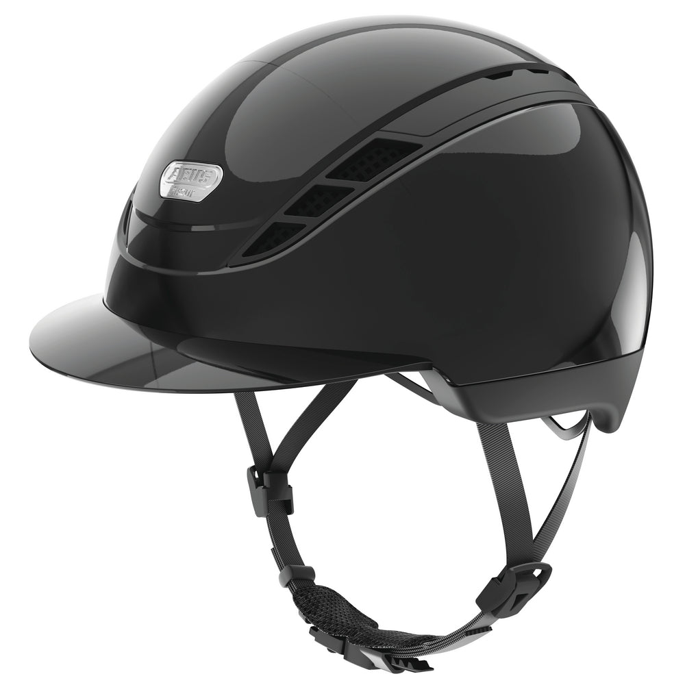 Shiny black equestrian horse riding helmet