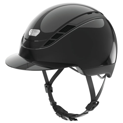 Shiny black equestrian horse riding helmet