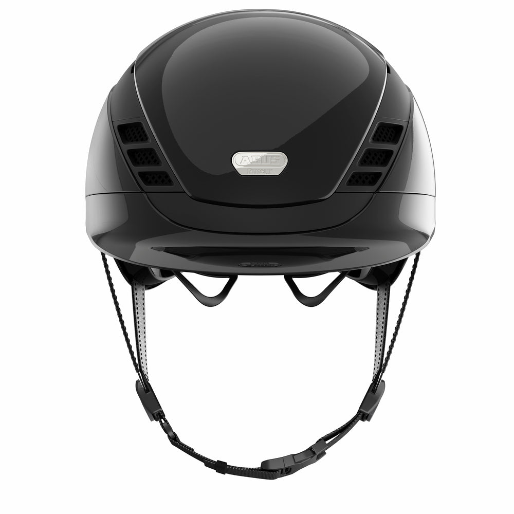 Shiny black equestrian horse riding helmet