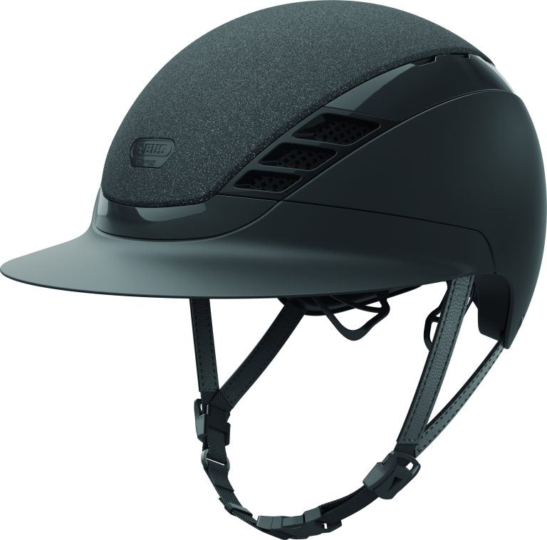 Sparkly black equestrian horse riding helmet with long visor