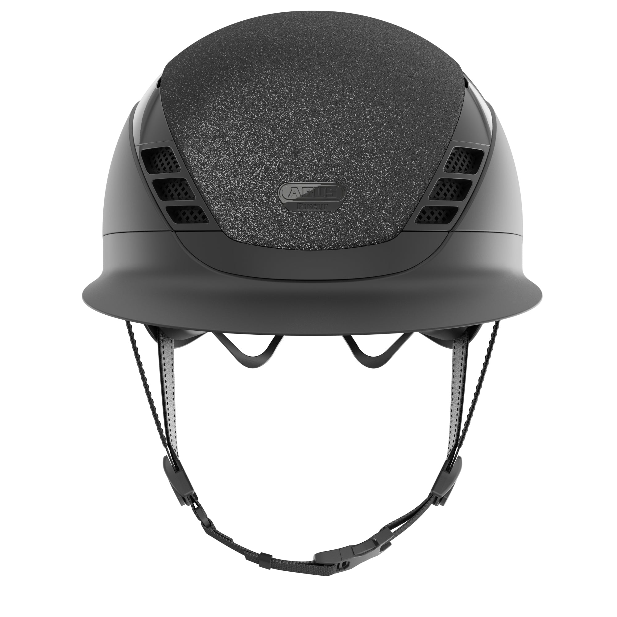Sparkly black equestrian horse riding helmet with long visor